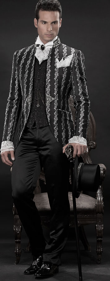 ONGala 529 - Chaqueta en tejido brocado negro con pasamanería y pantalòn negro