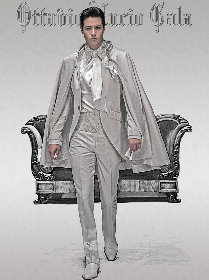 ONGala 526 - Traje italiano adamascado en mixto seda gris perla con pasamanería