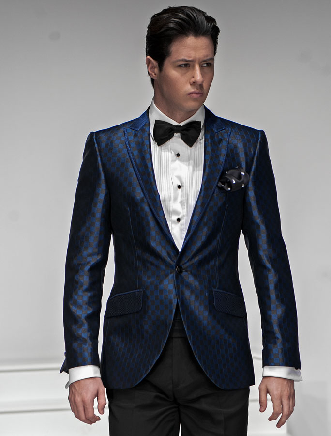 ONGala 300 - Chaqueta moda diseño ajedréz negro azúl