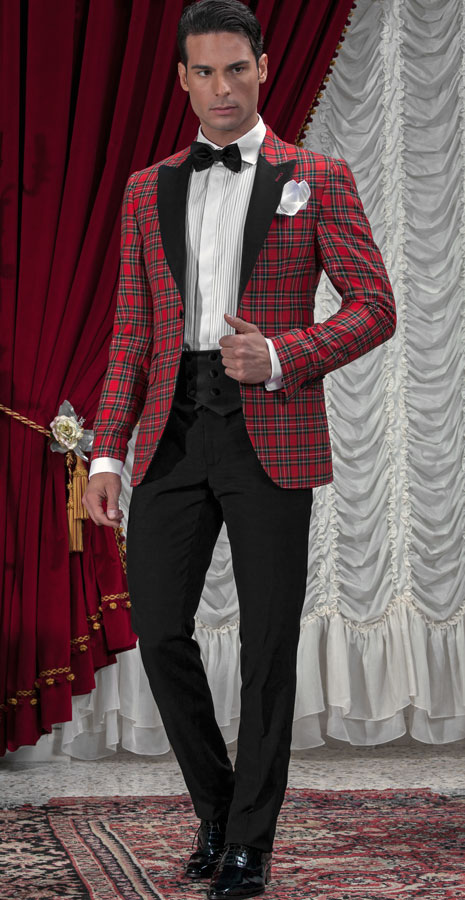 ONGala 161 - Chaqueta italiana de novio tartán rojo