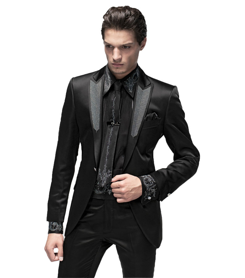 ONGala 697 - Trajes de novio modernos en raso negro con bordado plata
