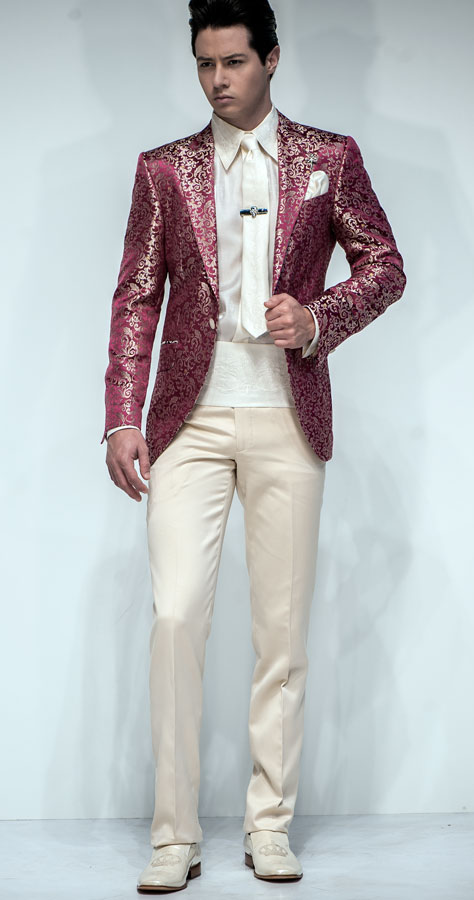 ONGala 497 - Chaqueta de novio seda jacquard fondo fucsia motivo oro