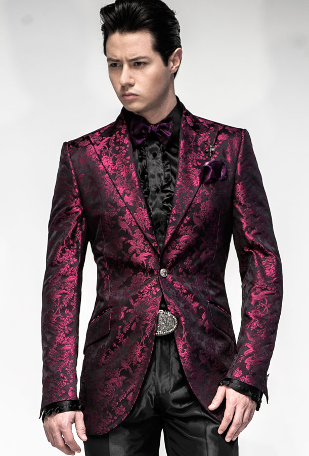 ONGala 499 - Chaqueta de novio seda jacquard fondo negro motivo fucsia