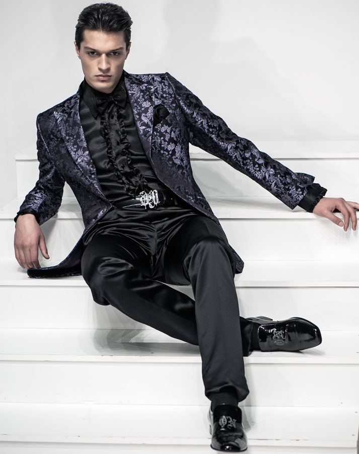 ONGala 501 - Chaqueta de novio seda jacquard fondo negro motivo perla