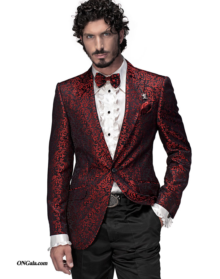 ONGala 701 - Trajes de novio con Chaqueta en seda jacquard con fondo negro y motivo rojo