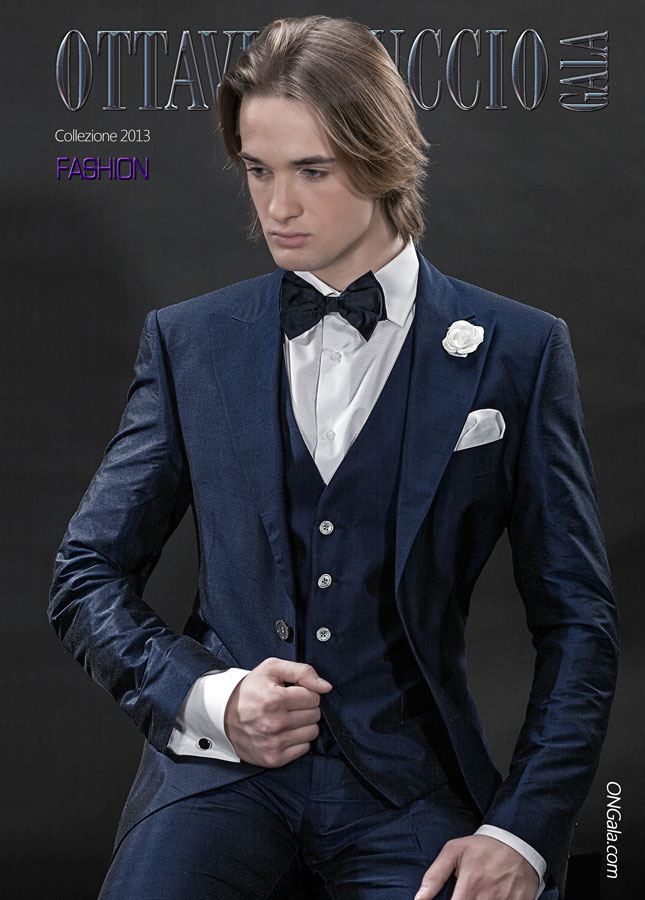 ONGala 241 - Traje para novio con chaleco en seda shantung azulón