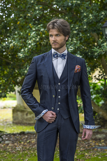 ONGala 1021 - Traje para novio con chaleco seda shantung azúl