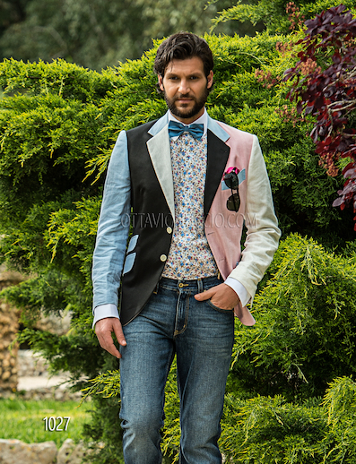ONGala 1027 - Traje de novio italiano con chaqueta patchwork lino rosa