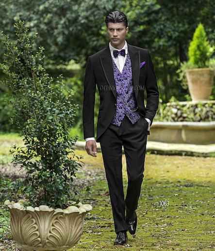 ONGala 1063 - Traje para novio en acetato lana negro con chaleco negro y violeta