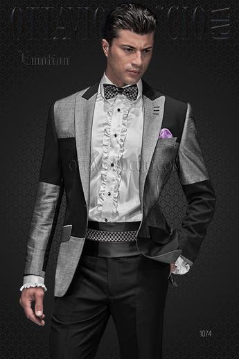 ONGala 1074 - Traje de novio italiano tejido Patchwork gris negro