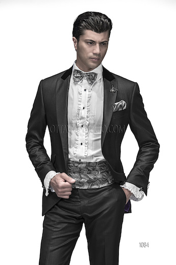 ONGala 1084 - Trajes de novio italianos negro con faja y pajarita