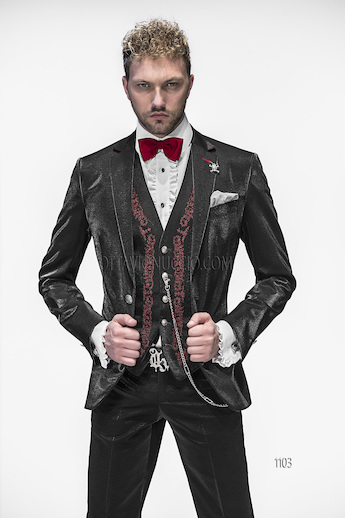ONGala 1103 - Traje negro lúcido de novio con chaleco bordado rojo