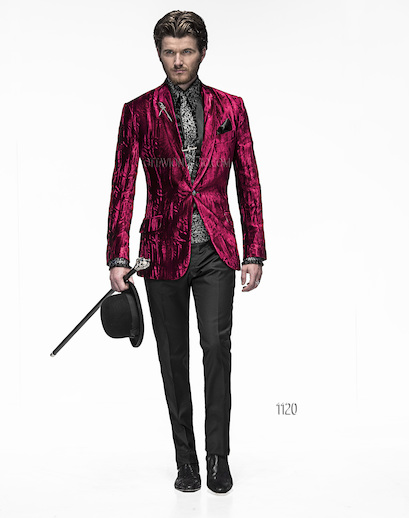 ONGala 1120 - Traje para novio terciopelo arrugado rojo