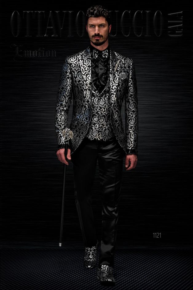 ONGala 1121 - Traje para novio con chaqueta adamascado negro plata