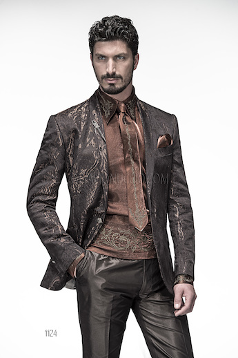 ONGala 1124 - Traje de novio italiano con chaqueta marrón solapa chal