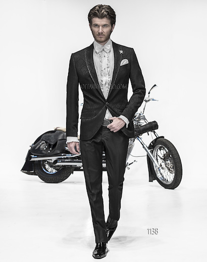 ONGala 1138 - Traje para novio italiano con chaqueta jacquard negro