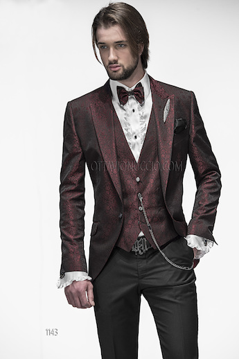ONGala 1143 - Trajes de novio italianos con chaqueta jacquard roja