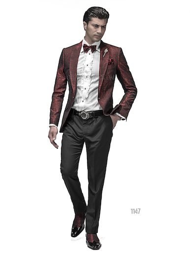 ONGala 1147 - Traje de novio con chaqueta jacquard negro rojo