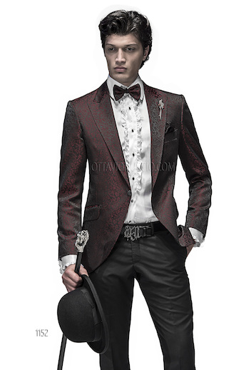ONGala 1152 - Traje para novio con chaqueta jacquard negro rojo