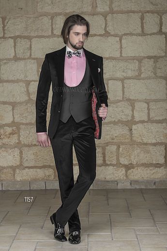 ONGala 1157 - Traje de novio italiano en terciopelo algodón negro