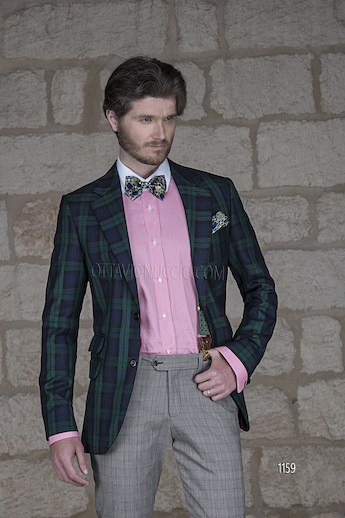 ONGala 1159 - Trajes de novio italianos con chaqueta tejido tartán lana verde - azúl