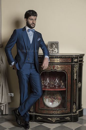 ONGala 1178 - Trajes de novio italianos con chaleco en lana poliéster mohair azúl