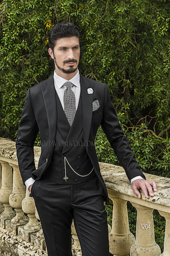ONGala 1204 - Trajes para novio con chaleco en raso de lana negro
