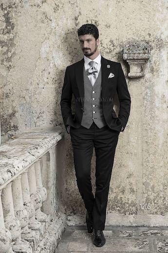 ONGala 1205 - Traje de novio italiano en raso de lana negro