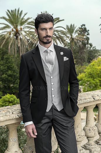 ONGala 1208 - Trajes de novio italianos con chaqueta en raso lana negro