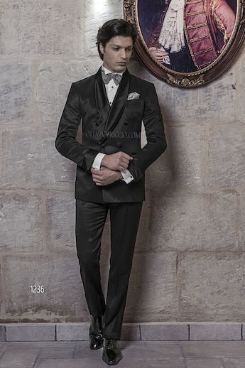ONGala 1236 - Traje de novio cruzado con solapa chal negro