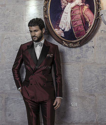 ONGala 1238 - Trajes de novio cruzado acetato seda bordeaux
