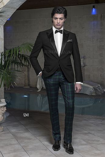ONGala 1241 - Trajes de novio Chaqueta negro lande cuadros madras y pantalón tartán