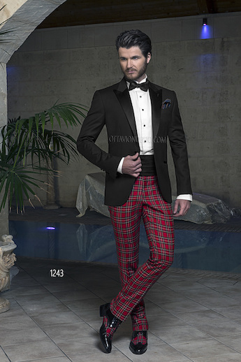 ONGala 1243 - Trajes de novio con Chaqueta negro en lana y pantalón tartán