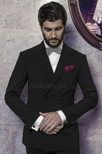 ONGala 1246 - Trajes de novio cruzado mixto lana poliéster negro