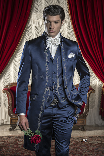 ONGala 1259 - Blue Satin Groom Suits with Silver Tone/Black Embroidery