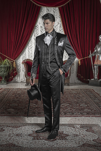 ONGala 1260 - Black Satin Fashion Suits with Silver Tone/Black Embroidery