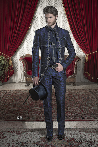 ONGala 1268 - Blue Brocade Dress for Groom with Silver Tone/Black Embroidery