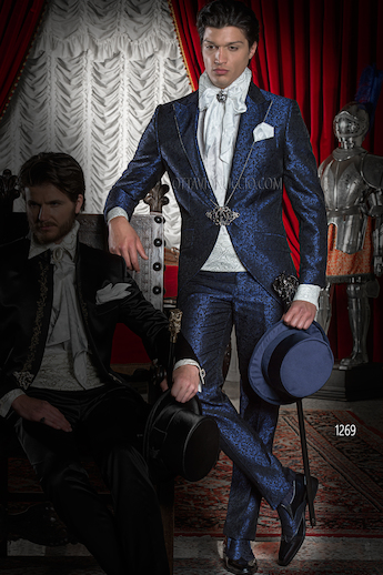 ONGala 1269 - Blue Brocade Fashion Suits with Diamante Lapel