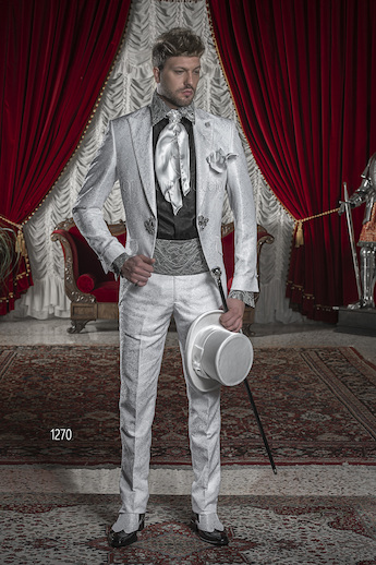 ONGala 1270 - White Brocade Italian Groom Suits with Diamante Lapel