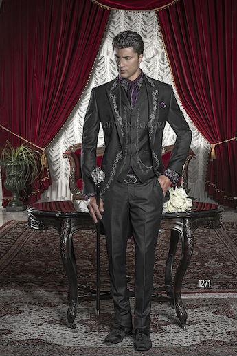 ONGala 1271 - Black Dress for Groom with Silver Tone/Black Embroidery