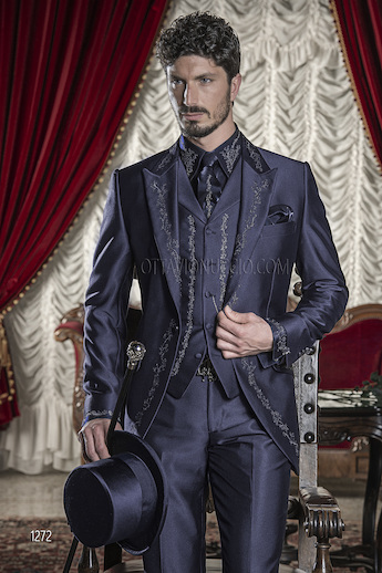 ONGala 1272 - Blue Italian Fashion Suits with Silver Tone/Black Embroidery