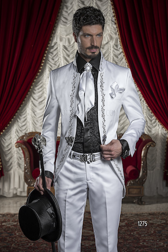 ONGala 1275 - White Satin Dress for Groom with Black Embroidery