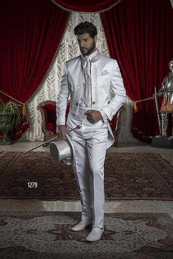 ONGala 1279 - Gold Tone Embroidered Tailcoat in White Satin