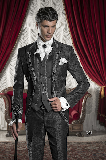 ONGala 1284 - Black Brocade Groom Suits with Black/Silver Tone Embroidery