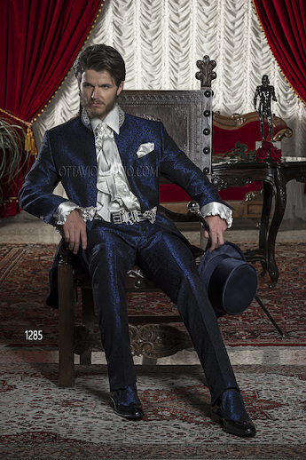 ONGala 1285 - Blue Brocade Italian Groom Suits with Trimming