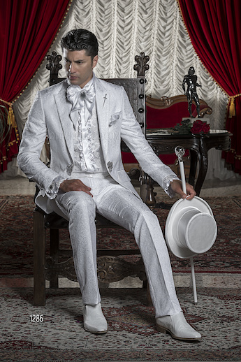 ONGala 1286 - Short Tailed Groom Suits in White Brocade with Diamante Lapel