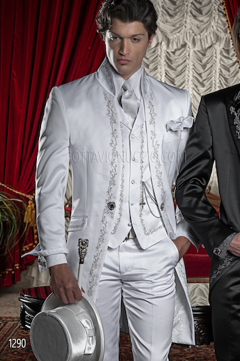 ONGala 1290 - Baroque White Satin Dress for Groom with Silver Tone Embroidery