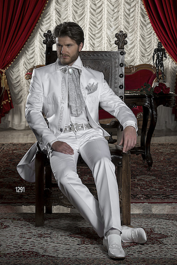 ONGala 1291 - Silver Tone Embroidered Tailcoat in White Satin