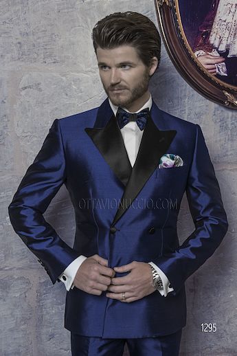 ONGala 1295 - Traje para novio cruzado en shantung azúl royal