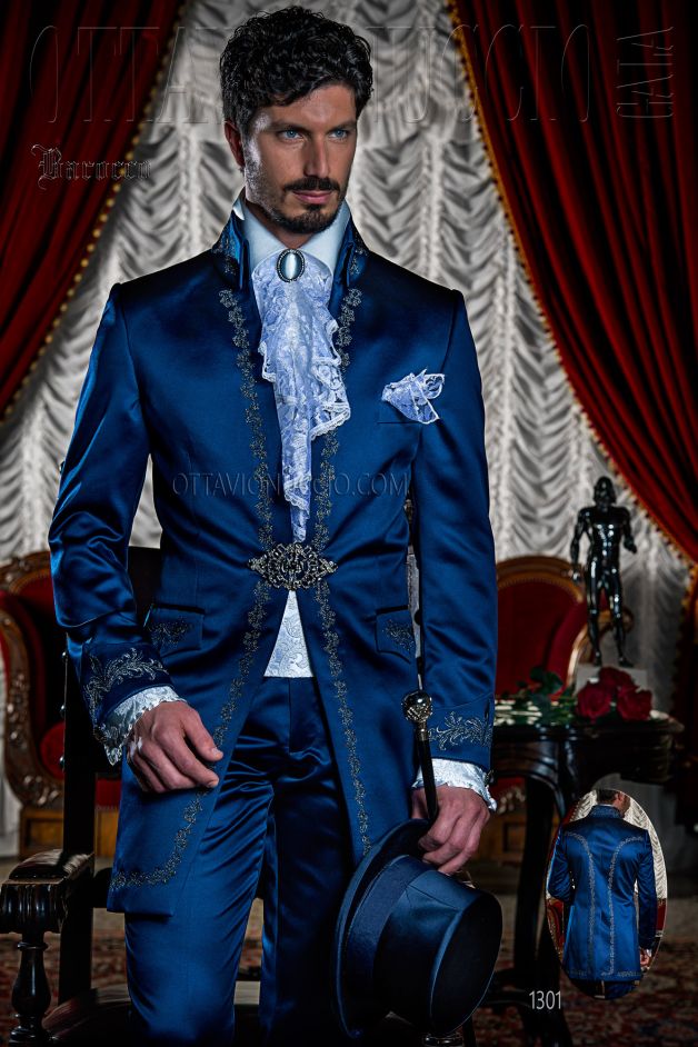 ONGala 1301 - Traje de novio italiano barroco raso azúl bordado negro plata